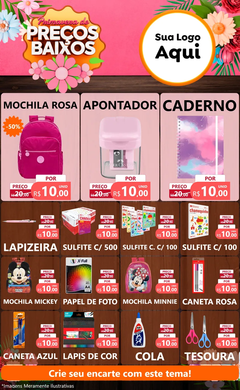 Modelo de Encarte para Encarte Grande com o tema Primavera de Preços Baixos para Papelaria