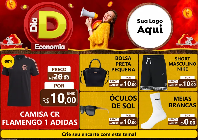 Modelo de Encarte para Encarte A4 Horizontal com o tema Dia D Economia para Roupas e acessórios