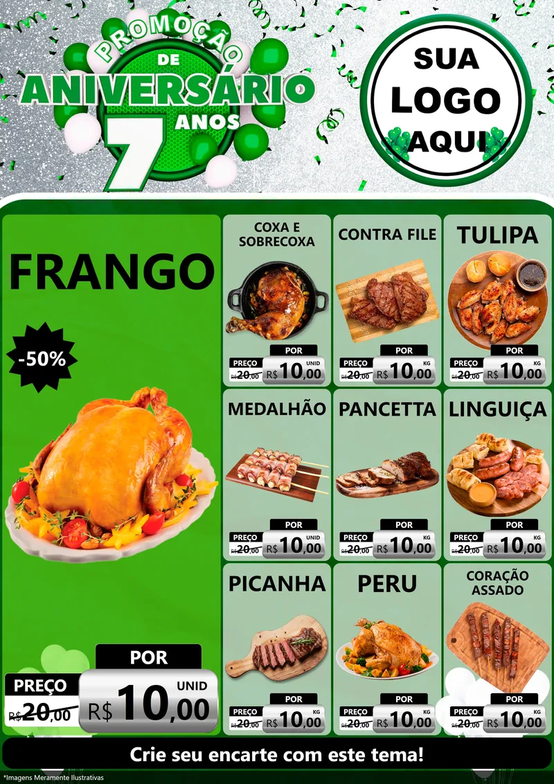 Modelo de Encarte para Encarte A4 Vertical com o tema Promoção de Aniversário - 7 Anos para Assados