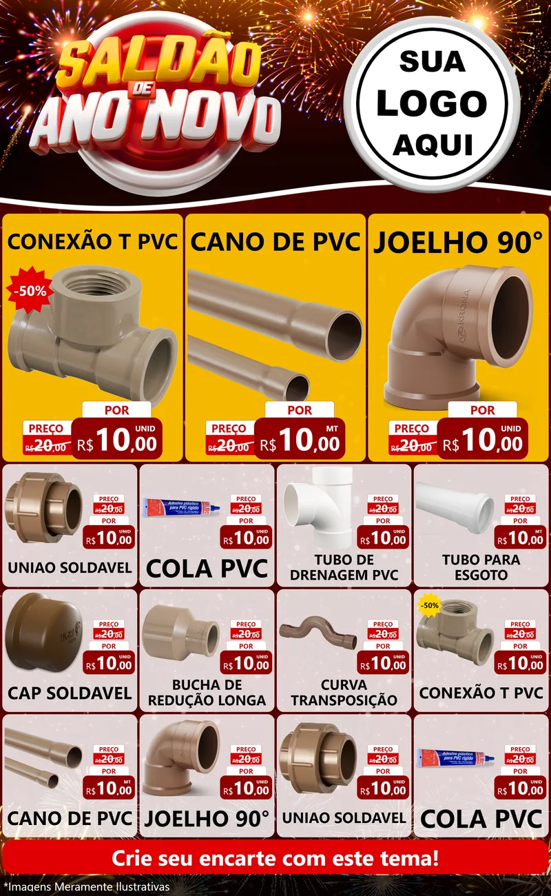Modelo de Encarte para Encarte Grande com o tema Saldão de Ano Novo para Tubos e conexões