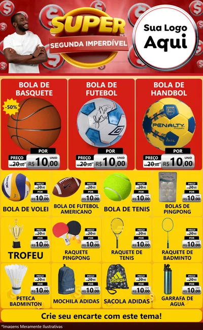 Modelo de Encarte para Encarte Grande com o tema Super Segunda Imperdível para Artigos Esportivos