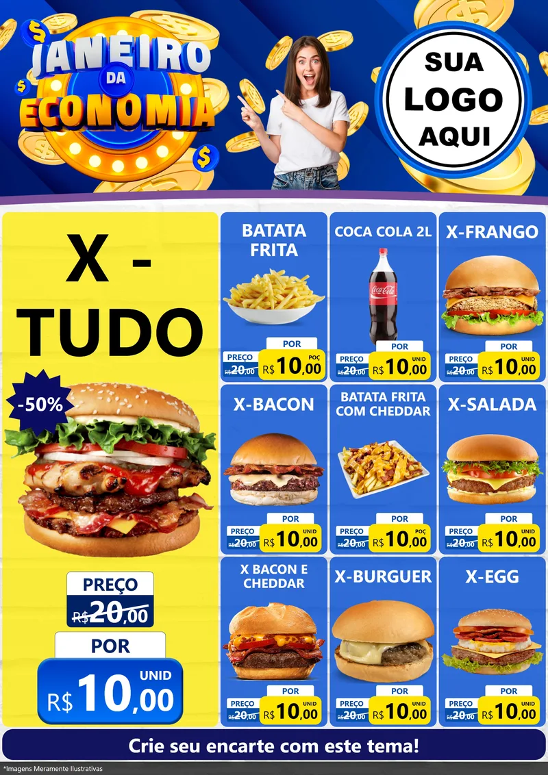 Modelo de Encarte para Encarte A4 Vertical com o tema Janeiro da Economia para Hamburgueria