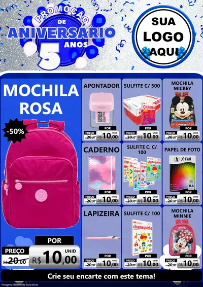 Modelo de Encarte para Encarte A4 Vertical com o tema Promoção de Aniversário - 5 Anos para Papelaria