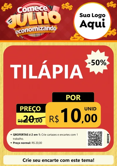 Modelo de Cartaz para Cartaz A4 Vertical com o tema Comece Julho Economizando para Peixaria