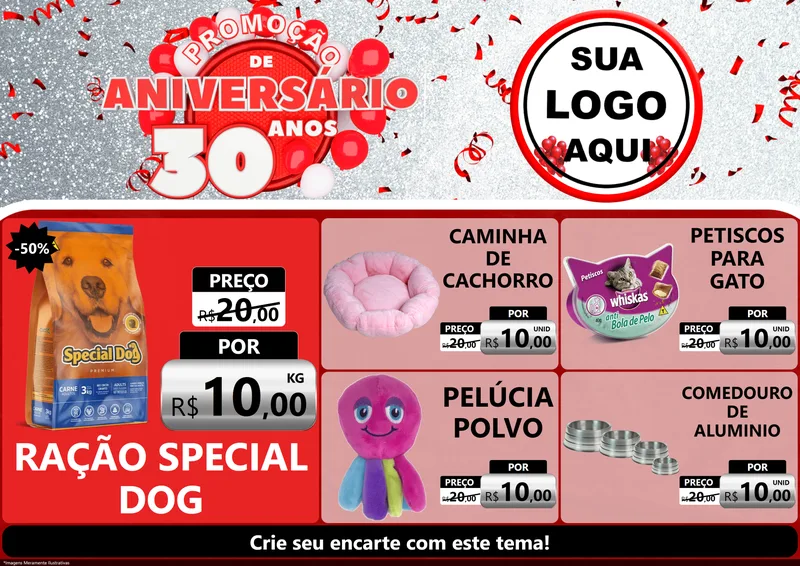 Modelo de Encarte para Encarte A4 Horizontal com o tema Promoção de Aniversário - 30 Anos para Pet Shop