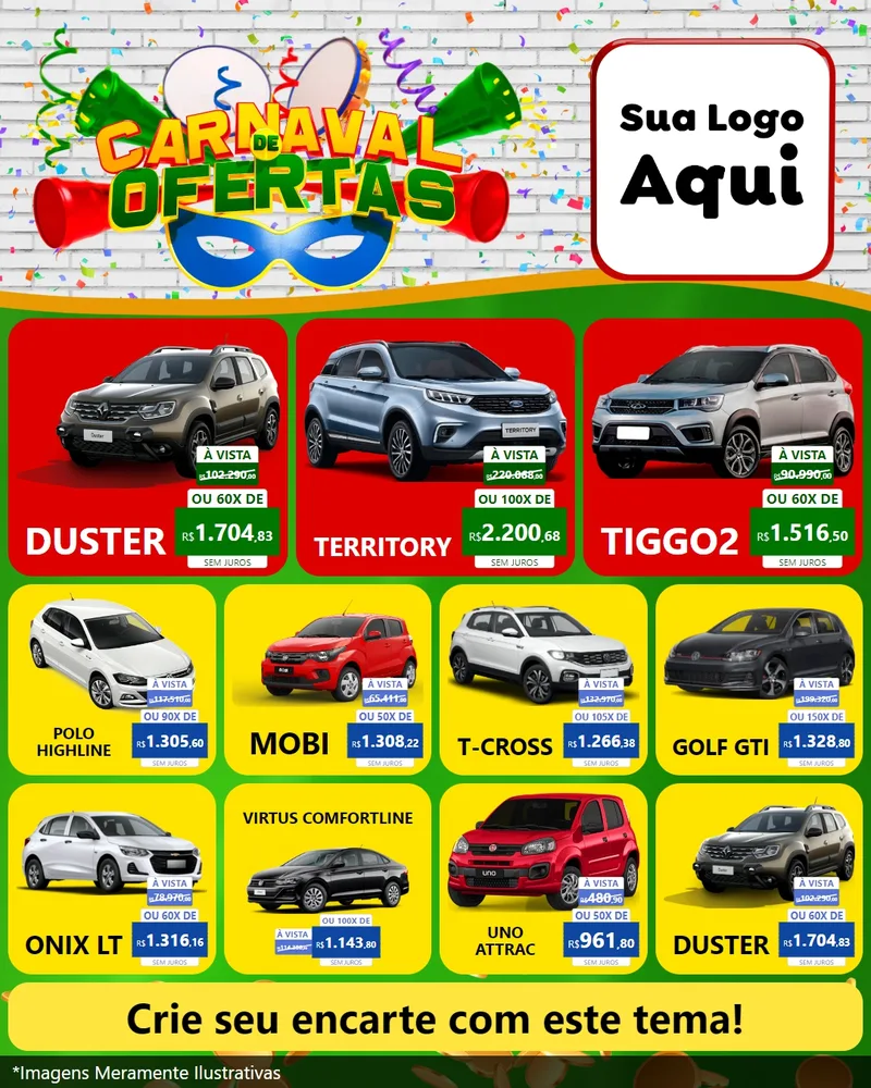 Modelo de Rede Social para Feed Instagram com o tema Carnaval de Ofertas para Concessionaria de Carros