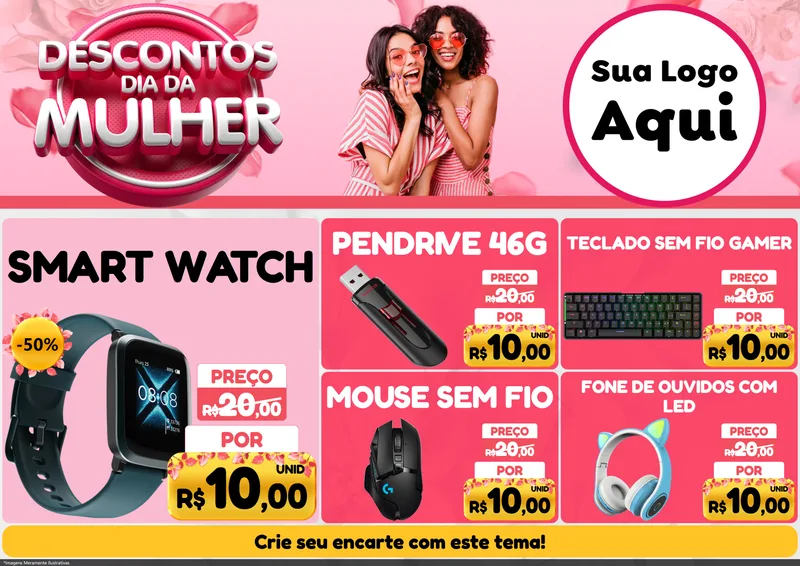 Modelo de Encarte para Encarte A4 Horizontal com o tema Descontos Dia da Mulher para Informática