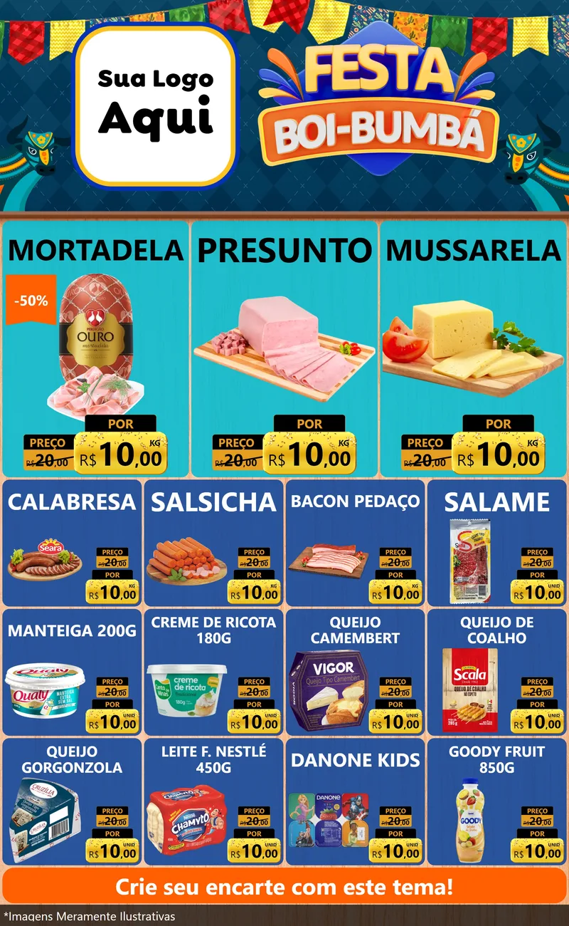 Modelo de Encarte para Encarte Grande com o tema Festa Boi Bumbá para Frios e Laticínios