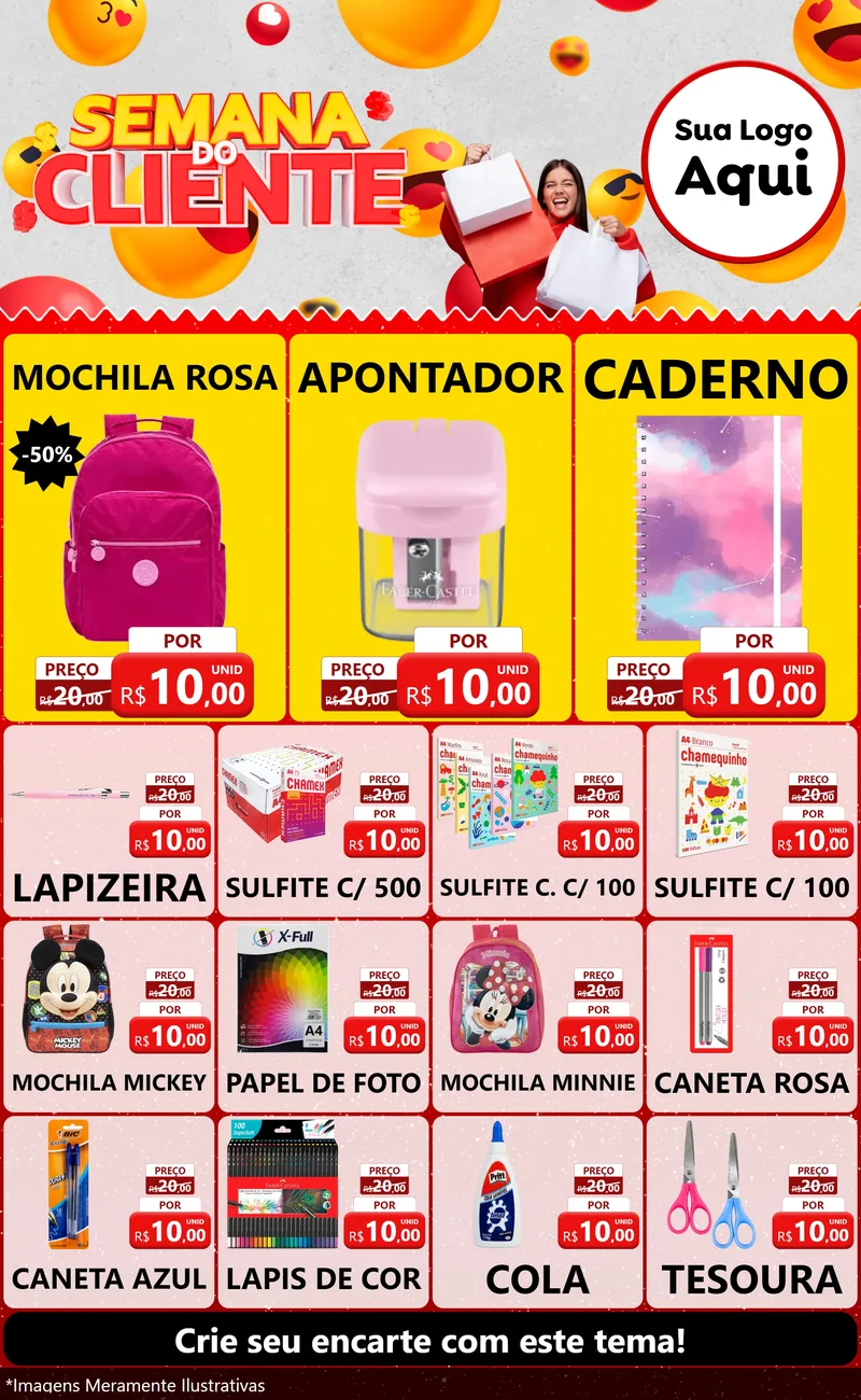 Modelo de Encarte para Encarte Grande com o tema Semana do Cliente para Papelaria