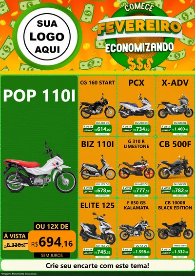 Modelo de Encarte para Encarte A4 Vertical com o tema Comece Fevereiro Economizando para Concessionaria de Motos