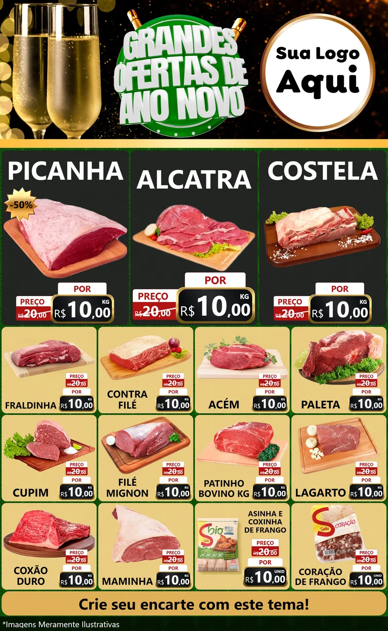 Modelo de Encarte para Encarte Grande com o tema Grandes Ofertas de Ano Novo para Açougue
