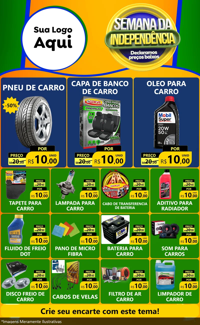 Modelo de Encarte para Encarte Grande com o tema Semana da Independência Declaramos Preços Baixos para Auto peças