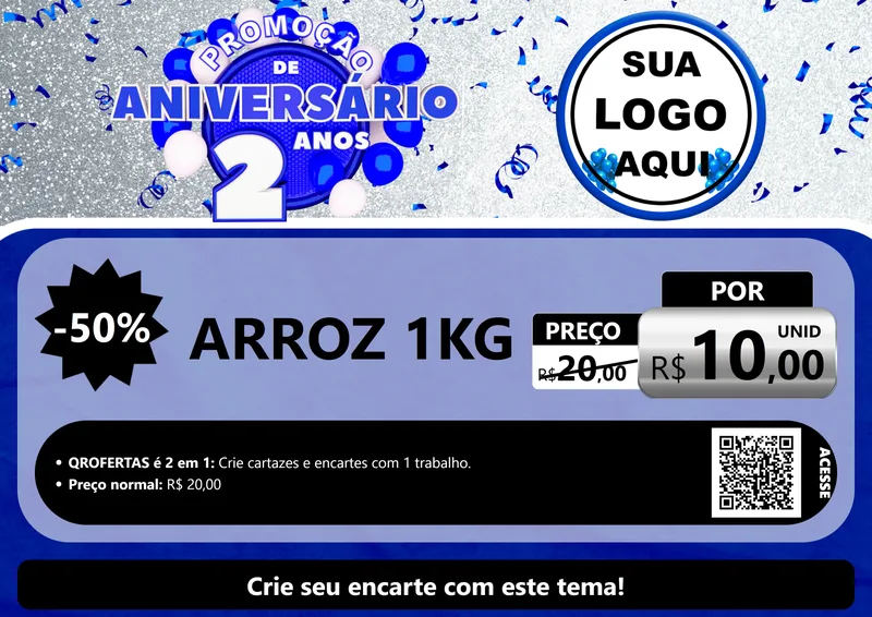 Modelo de Cartaz para Cartaz A4 Horizontal com o tema Promoção de Aniversário - 2 Anos para Supermercado