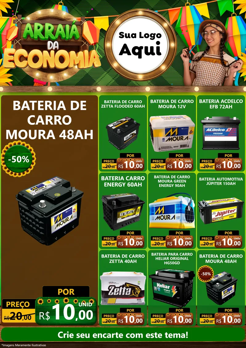 Modelo de Encarte para Encarte A4 Vertical com o tema Arraiá de Economia para Baterias Elétricas