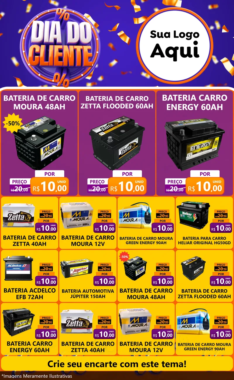 Modelo de Encarte para Encarte Grande com o tema Dia do Cliente para Baterias Elétricas