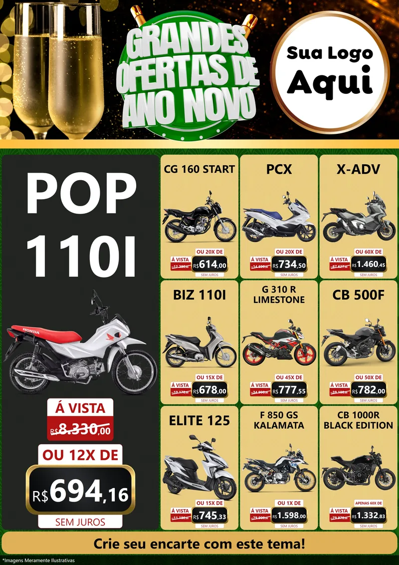 Modelo de Encarte para Encarte A4 Vertical com o tema Grandes Ofertas de Ano Novo para Concessionaria de Motos