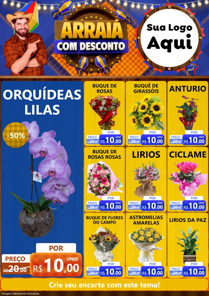 Modelo de Encarte para Encarte A4 Vertical com o tema Arraiá Com Desconto para Floricultura e jardim