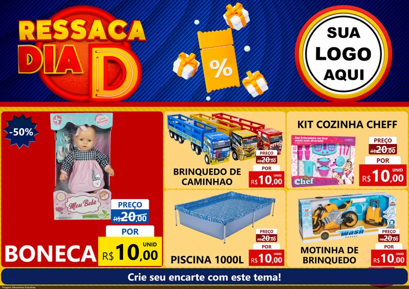 Modelo de Encarte para Encarte A4 Horizontal com o tema Ressaca Dia D para Brinquedos