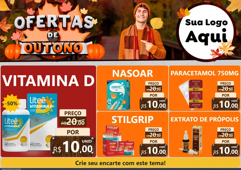 Modelo de Encarte para Encarte A4 Horizontal com o tema Ofertas de Outono para Farmácia