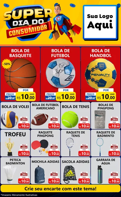 Modelo de Encarte para Encarte Grande com o tema Super Dia do Consumidor para Artigos Esportivos