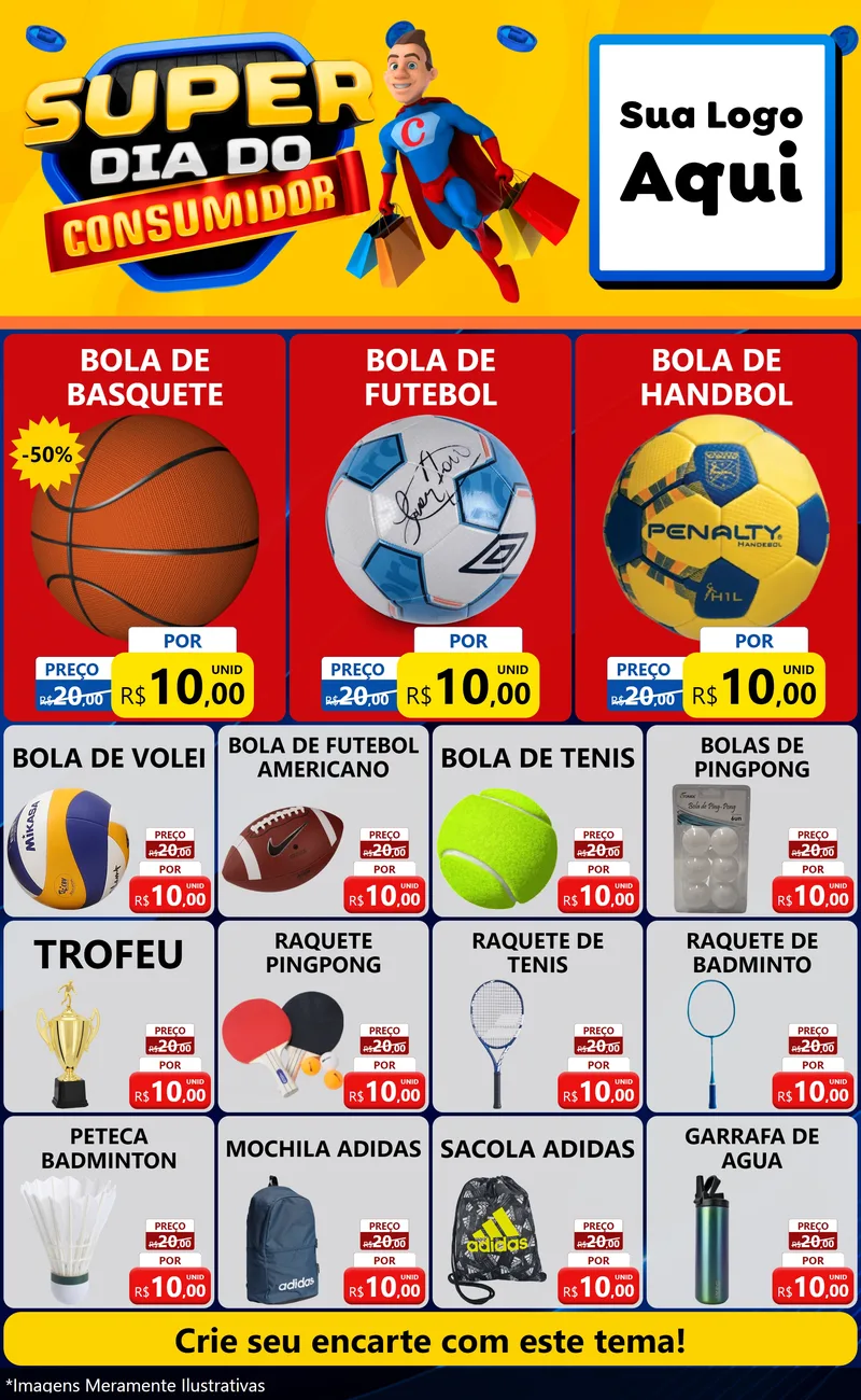 Modelo de Encarte para Encarte Grande com o tema Super Dia do Consumidor para Artigos Esportivos