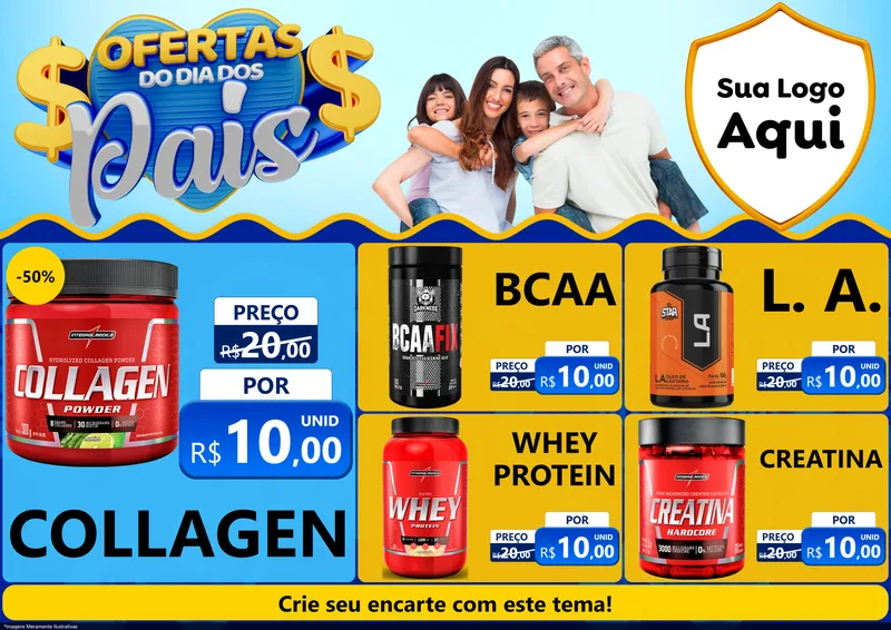 Modelo de Encarte para Encarte A4 Horizontal com o tema Ofertas do Dia dos Pais para Suplementos alimentares