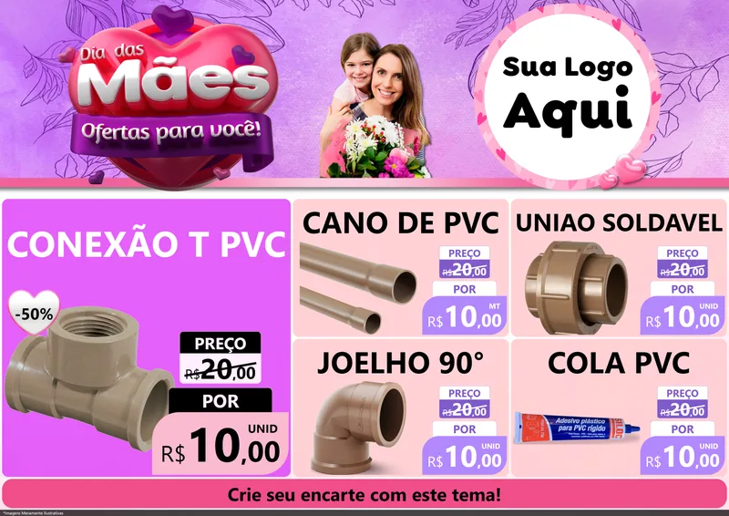 Modelo de Encarte para Encarte A4 Horizontal com o tema Dia das Mães Ofertas para Você! para Tubos e conexões