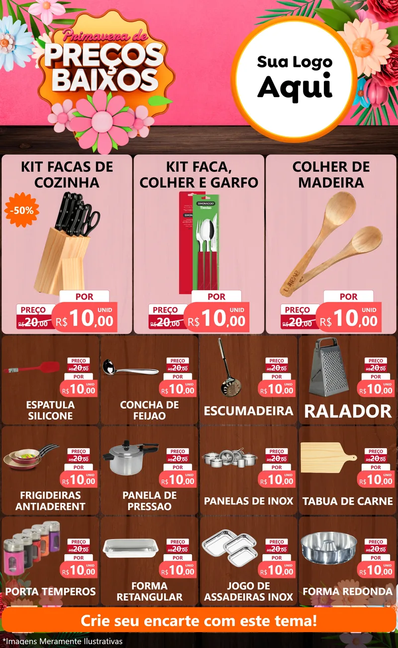Modelo de Encarte para Encarte Grande com o tema Primavera de Preços Baixos para Utilidades Domésticas