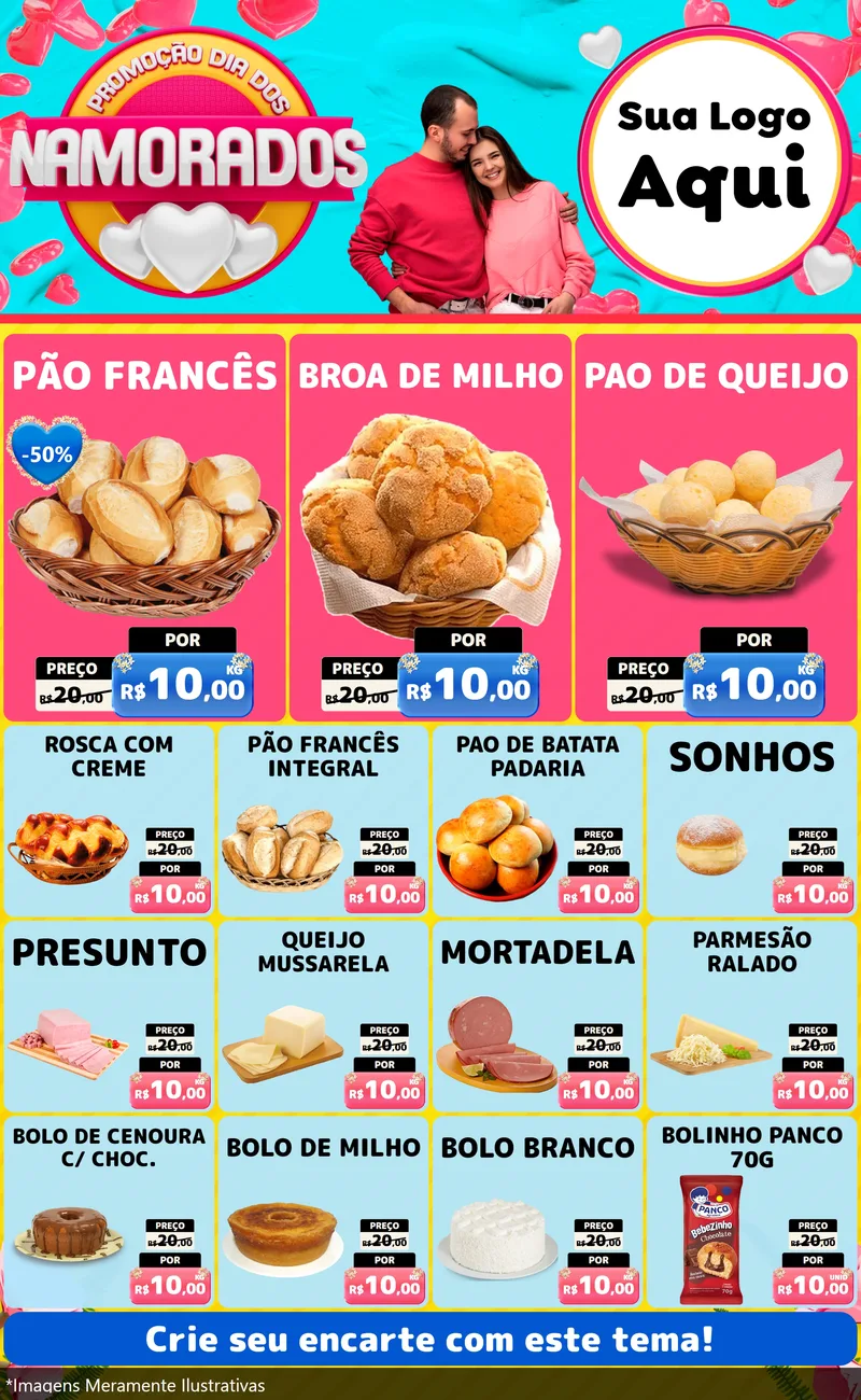Modelo de Encarte para Encarte Grande com o tema Promoção Dia dos Namorados para Padaria