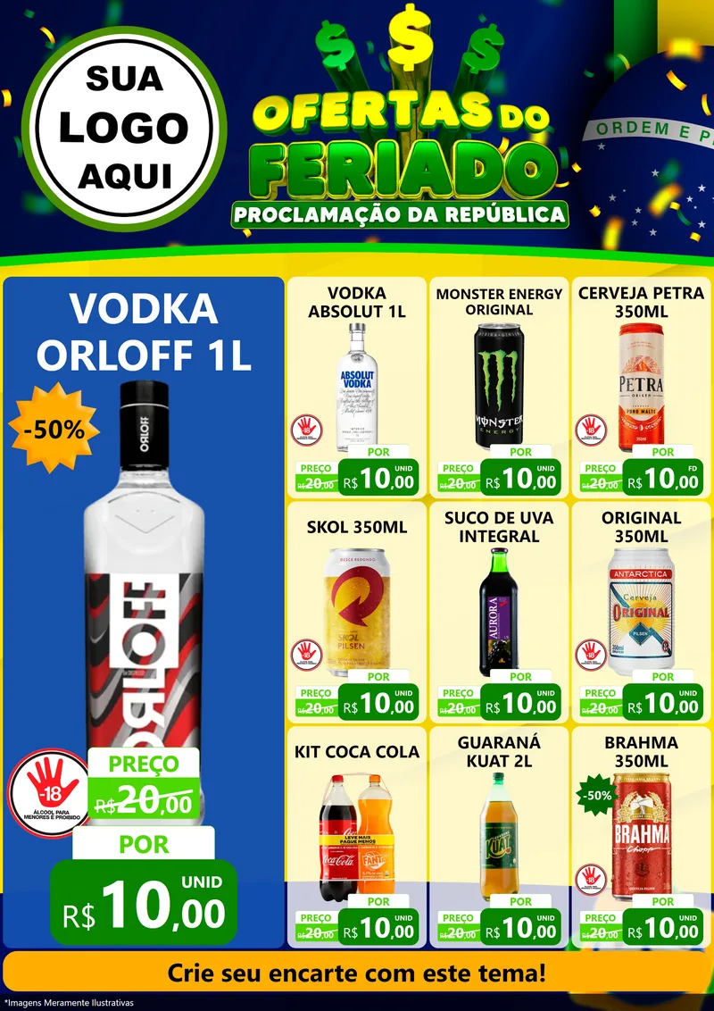 Modelo de Encarte para Encarte A4 Vertical com o tema Ofertas do Feriado - Proclamação da República para Distribuidora de bebidas