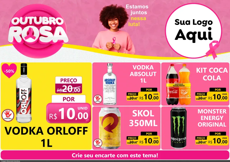 Modelo de Encarte para Encarte A4 Horizontal com o tema Outubro Rosa para Distribuidora de bebidas