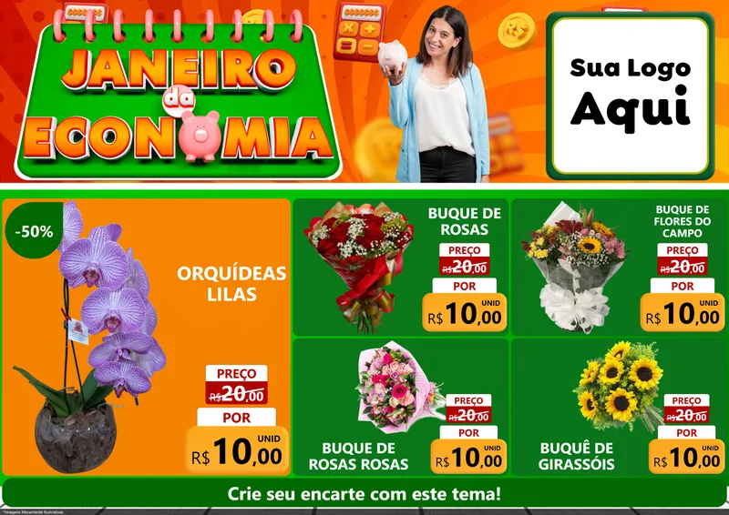 Modelo de Encarte para Encarte A4 Horizontal com o tema Janeiro da Economia para Floricultura e jardim