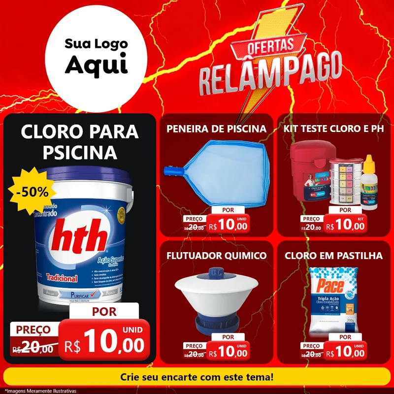 Modelo de Rede Social para Feed Facebook com o tema Ofertas Relâmpago para Produtos para Piscina