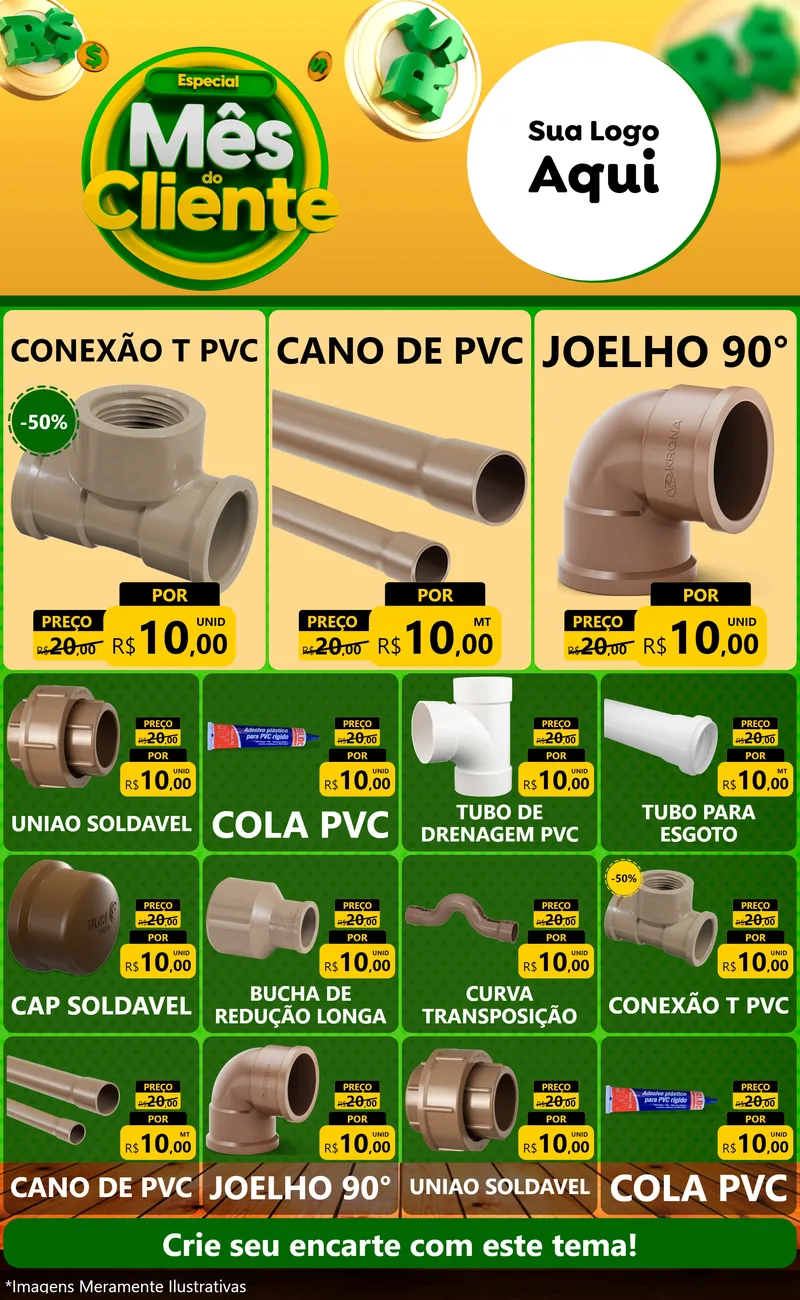 Modelo de Encarte para Encarte Grande com o tema Especial Mês do Cliente para Tubos e conexões
