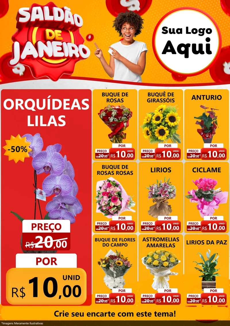 Modelo de Encarte para Encarte A4 Vertical com o tema Saldão de Janeiro para Floricultura e jardim
