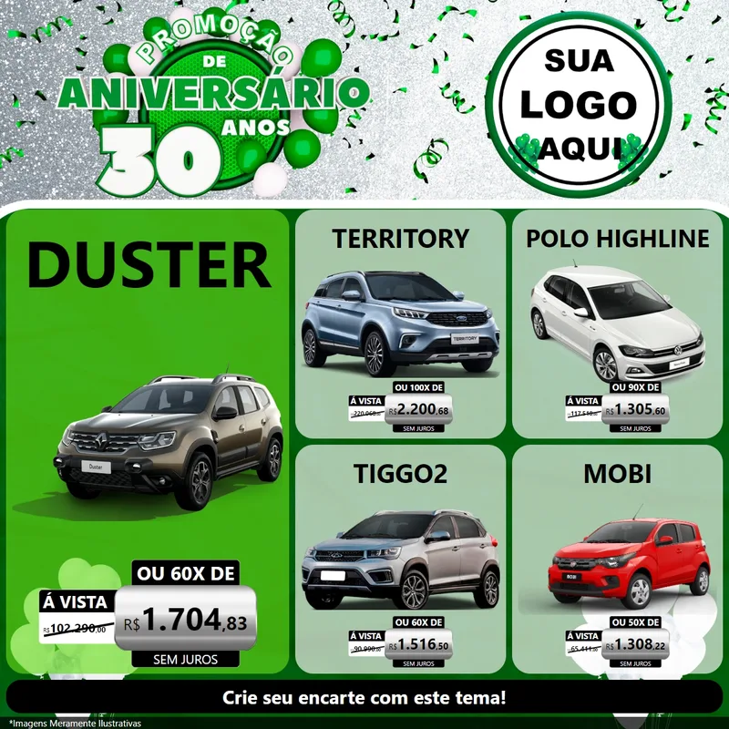 Modelo de Rede Social para Feed Facebook com o tema Promoção de Aniversário - 30 Anos para Concessionaria de Carros