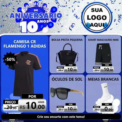 Modelo de Rede Social para Feed Facebook com o tema Promoção de Aniversário - 10 Anos para Roupas e acessórios