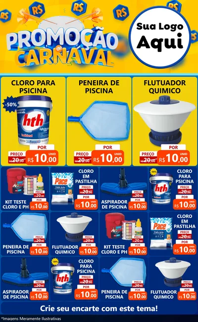 Modelo de Encarte para Encarte Grande com o tema Promoção de Carnaval para Produtos para Piscina
