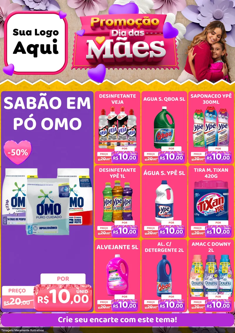 Modelo de Encarte para Encarte A4 Vertical com o tema Promoção Dia das Mães para Produtos de Limpeza