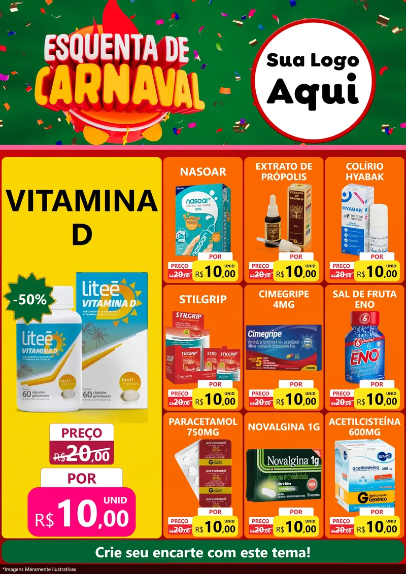 Modelo de Encarte para Encarte A4 Vertical com o tema Esquenta de Carnaval para Farmácia