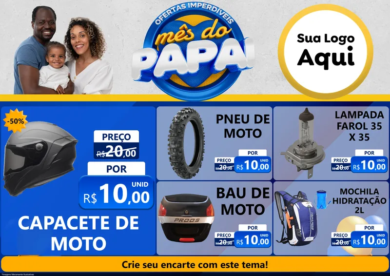 Modelo de Encarte para Encarte A4 Horizontal com o tema Ofertas Imperdíveis Mês Do Papai para Moto peças
