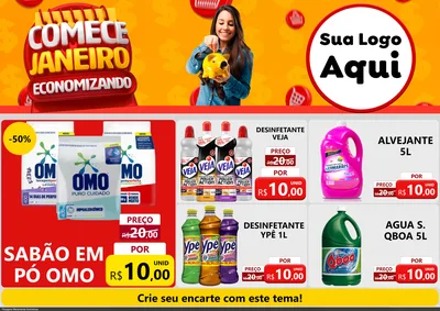 Modelo de Encarte para Encarte A4 Horizontal com o tema Comece Janeiro Economizando para Produtos de Limpeza