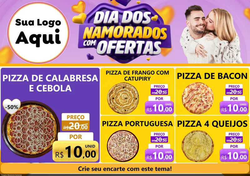 Modelo de Encarte para Encarte A4 Horizontal com o tema Dia Dos Namorados Com Ofertas para Pizzaria