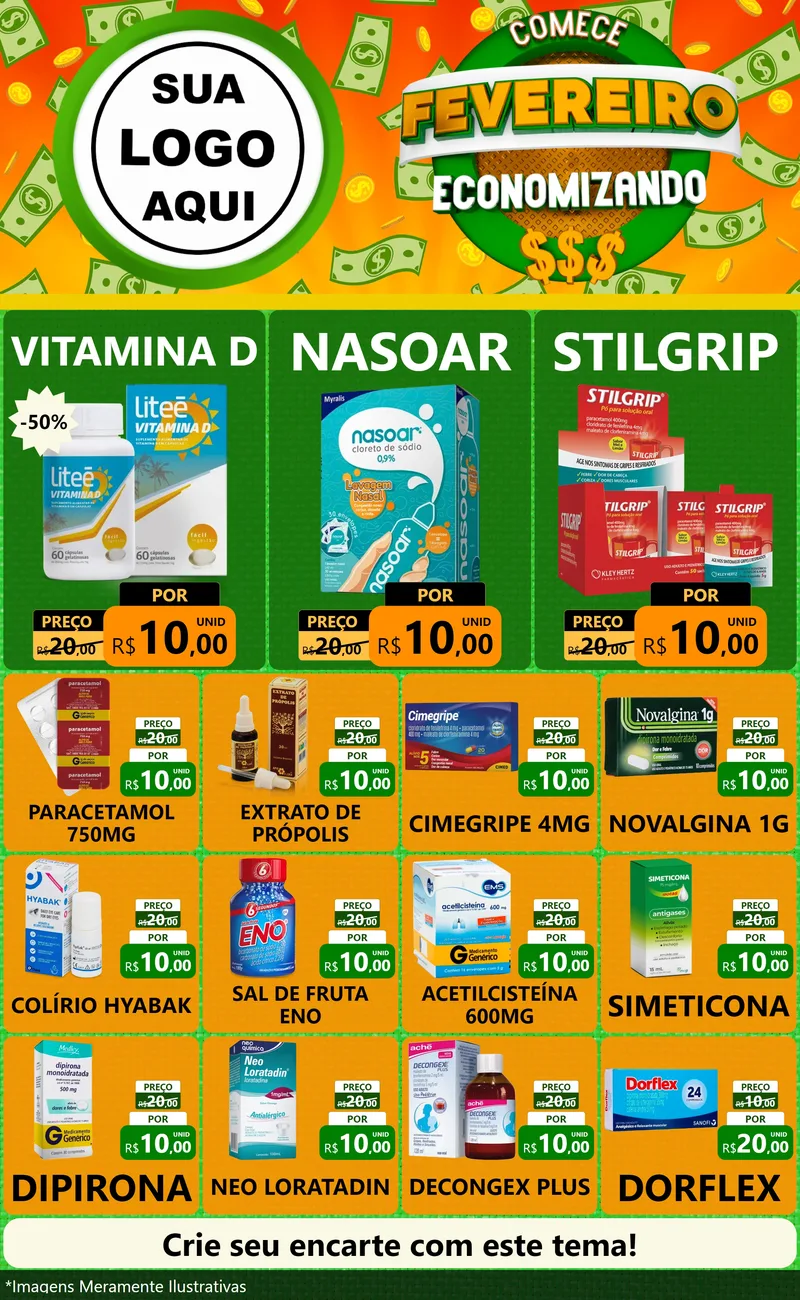 Modelo de Encarte para Encarte Grande com o tema Comece Fevereiro Economizando para Farmácia