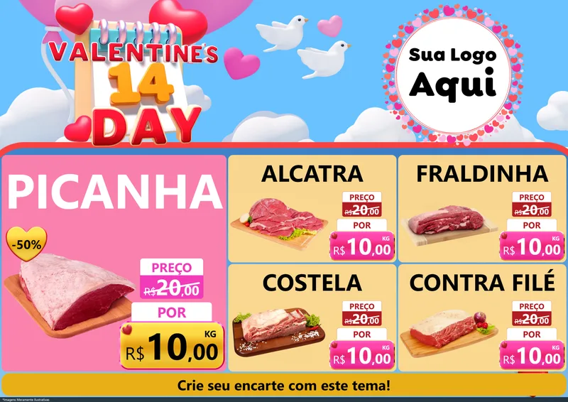 Modelo de Encarte para Encarte A4 Horizontal com o tema Valentine's Day para Açougue
