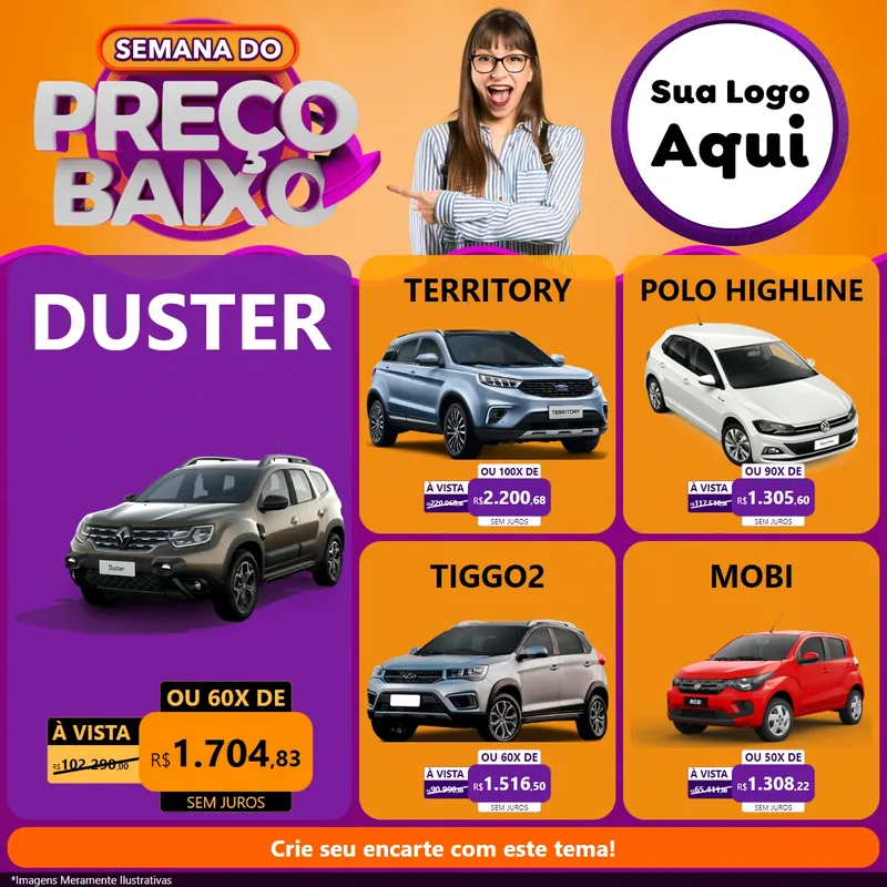 Modelo de Rede Social para Feed Facebook com o tema Semana do Preço Baixo para Concessionaria de Carros