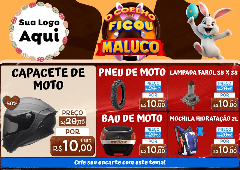 Modelo de Encarte para Encarte A4 Horizontal com o tema O Coelho Ficou Maluco - Páscoa para Moto peças