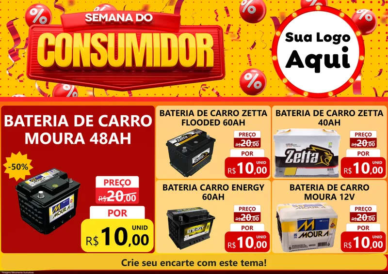 Modelo de Encarte para Encarte A4 Horizontal com o tema Semana do Consumidor para Baterias Elétricas