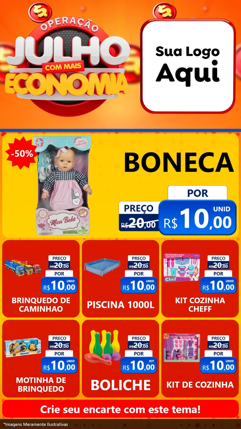 Modelo de Rede Social para Stories com o tema Operação Julho Com Mais Economia para Brinquedos