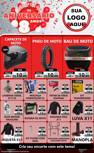 Modelo de Encarte para Encarte Grande com o tema Promoção de Aniversário - 8 Anos para Moto peças